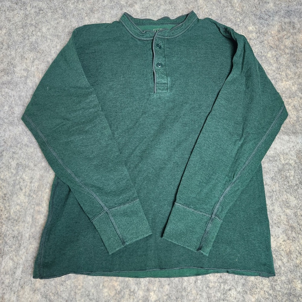 LL Bean River Driver Shirt Men L Green Slim Fit Heathered Two Layer Wool Henley